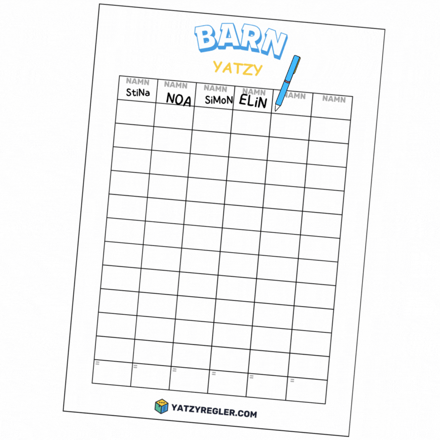 Yatzy protokoll barn med en gif penna som rör sig och fyller i namn